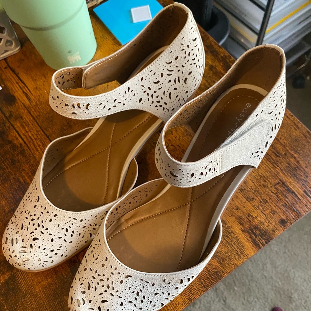 Easy Spirit Ivory Laser-Cut Ankle Strap Flats